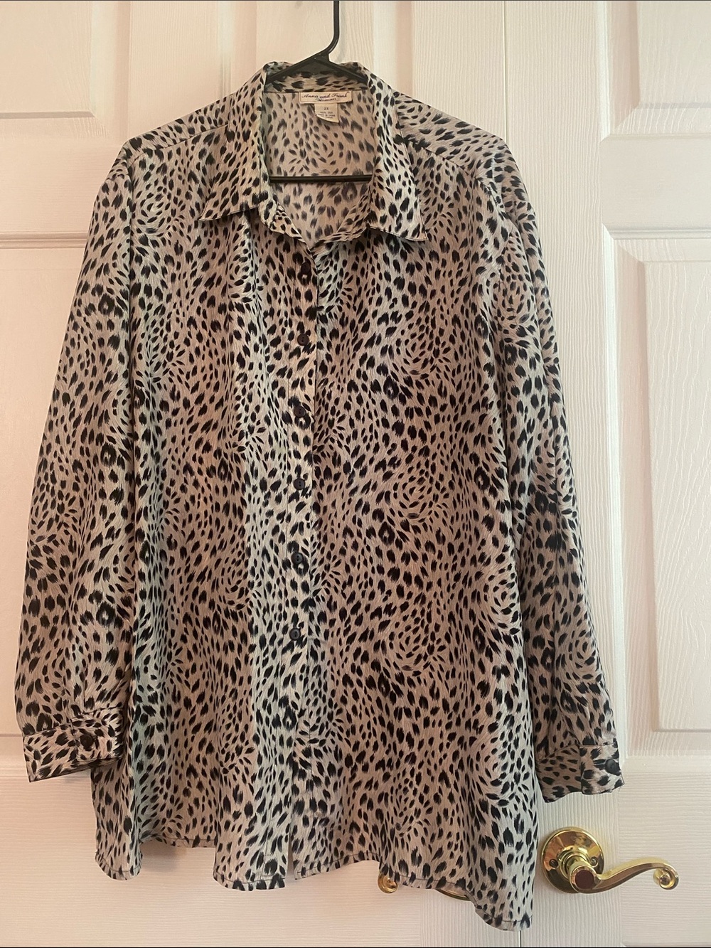 Vintage Plus 2X Silk Black Gray Leopard-Print Blouse Button Down Miami Beach
